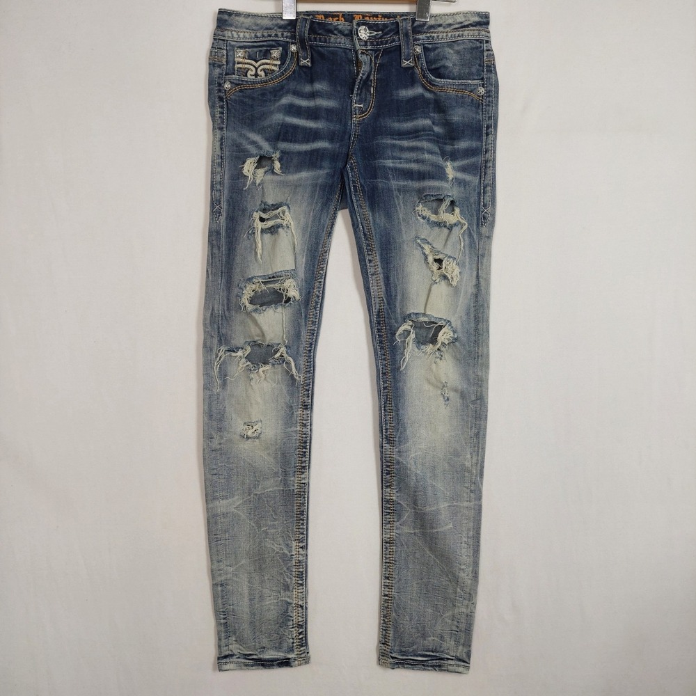 Rock Revival Ayda Skinny Distressed Jeans Medium Wash Fleur De Lis Size 28